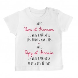 T-Shirt bébé Avec papy et mamie j'apprends les bêtises