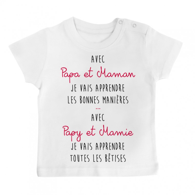 T-Shirt bébé Avec papy et mamie j'apprends les bêtises T-Shirt bébé Avec papy et mamie j'apprends les bêtises