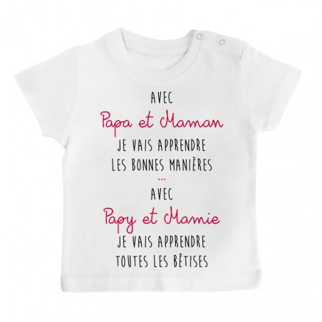 T-Shirt bébé Avec papy et mamie j'apprends les bêtises