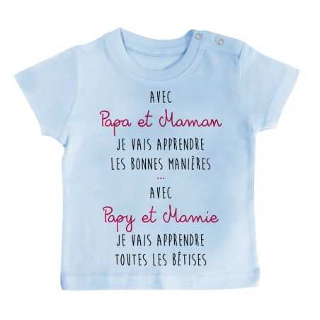 T-Shirt bébé Avec papy et mamie j'apprends les bêtises