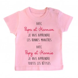 T-Shirt bébé Avec papy et mamie j'apprends les bêtises