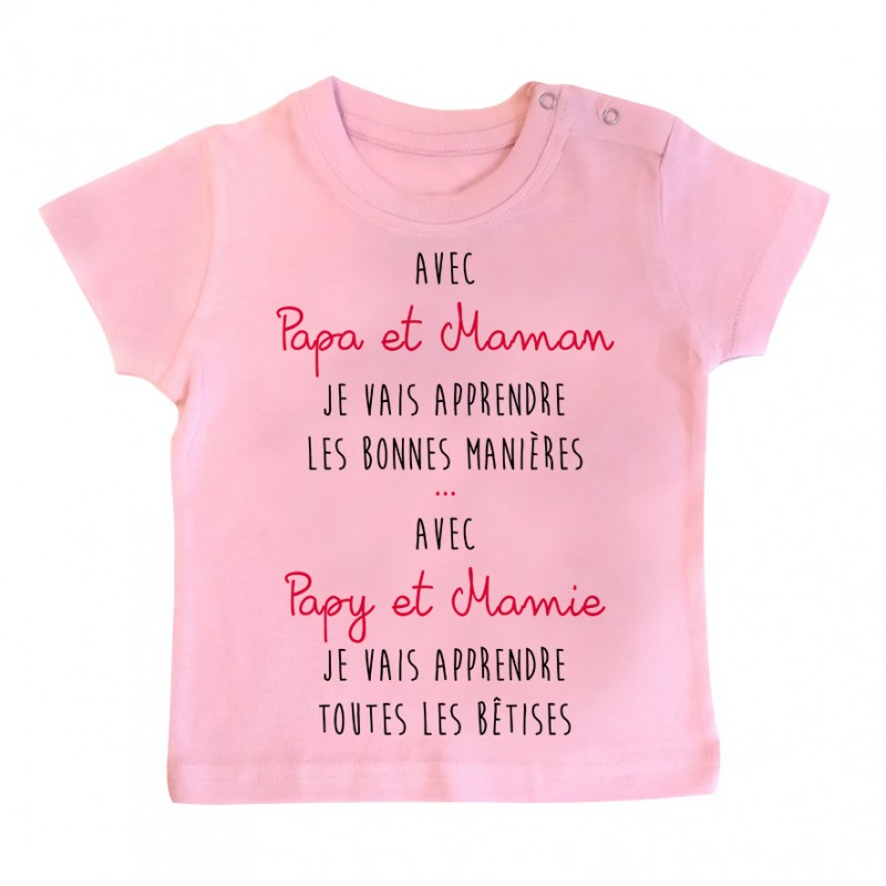 T-Shirt bébé Avec papy et mamie j'apprends les bêtises