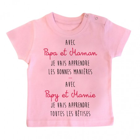 T-Shirt bébé Avec papy et mamie j'apprends les bêtises