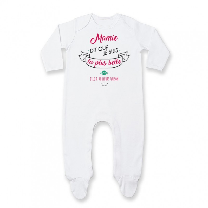 Pyjama bébé Mamie dit que je suis la plus BELLE Pyjama bébé Mamie dit que je suis la plus BELLE