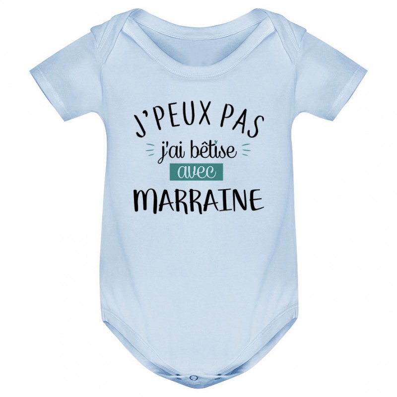 Body bébé J'peux pas j'ai bêtise avec marraine ( version garçon ) Body bébé J'peux pas j'ai bêtise avec marraine ( version garçon )