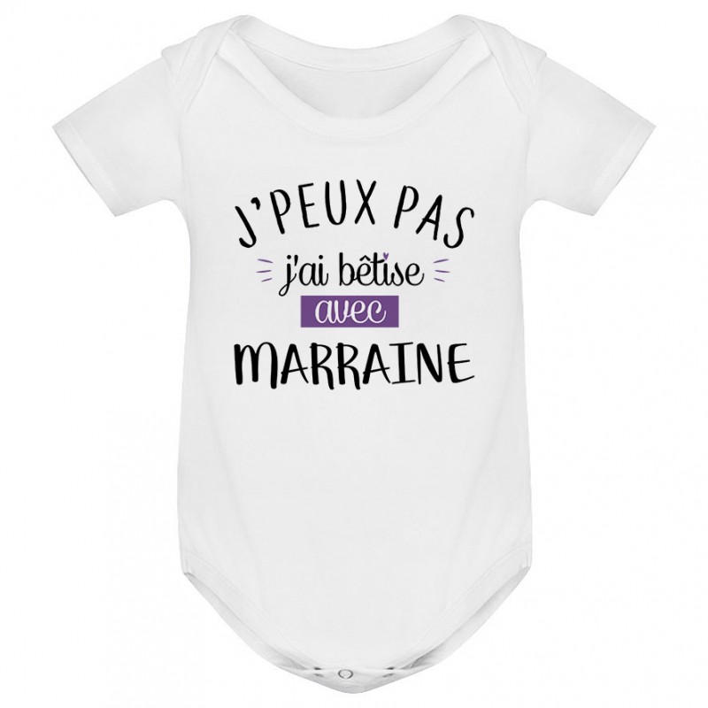 Body bébé J'peux pas j'ai bêtise avec marraine ( version fille ) Body bébé J'peux pas j'ai bêtise avec marraine ( version fille )