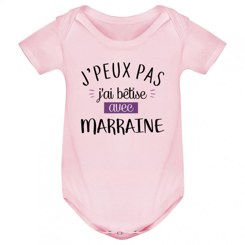 Body bébé J'peux pas j'ai bêtise avec marraine ( version fille ) Body bébé J'peux pas j'ai bêtise avec marraine ( version fille )