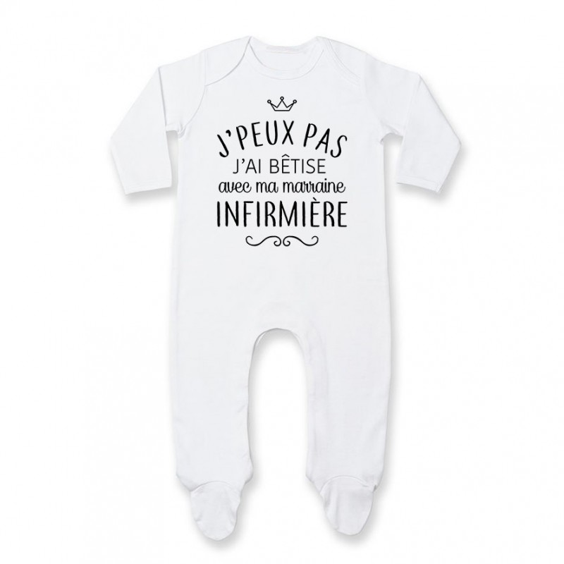 Pyjama bébé personnalisé J'peux pas j'ai bêtise avec ma marraine " métier " Pyjama bébé personnalisé J'peux pas j'ai bêtise avec ma marraine " métier "