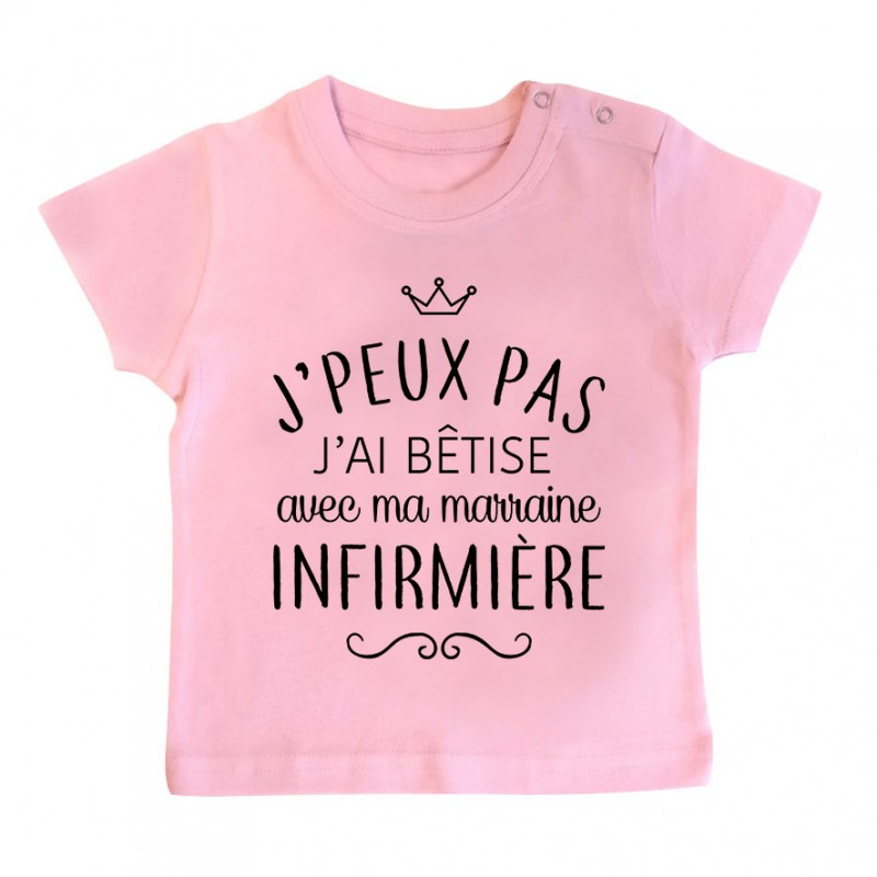 T-shirt bébé personnalisé J'peux pas j'ai bêtise avec ma marraine " métier "